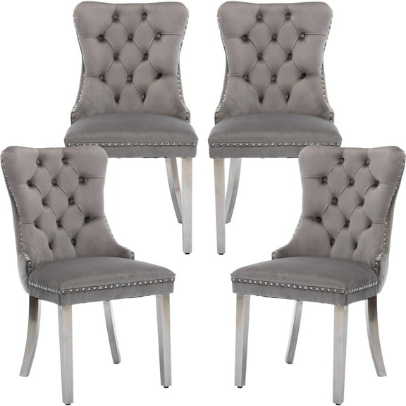ODUSE-DAILY Grey Velvet Dining Chairs Set of 4, Kitchen & Dining Room Chairs, Nailheads Tufted, Sillas De Comedor, Fabric Upholstered, Silver Chrome Metal Legs (Gray, 4 Pcs)