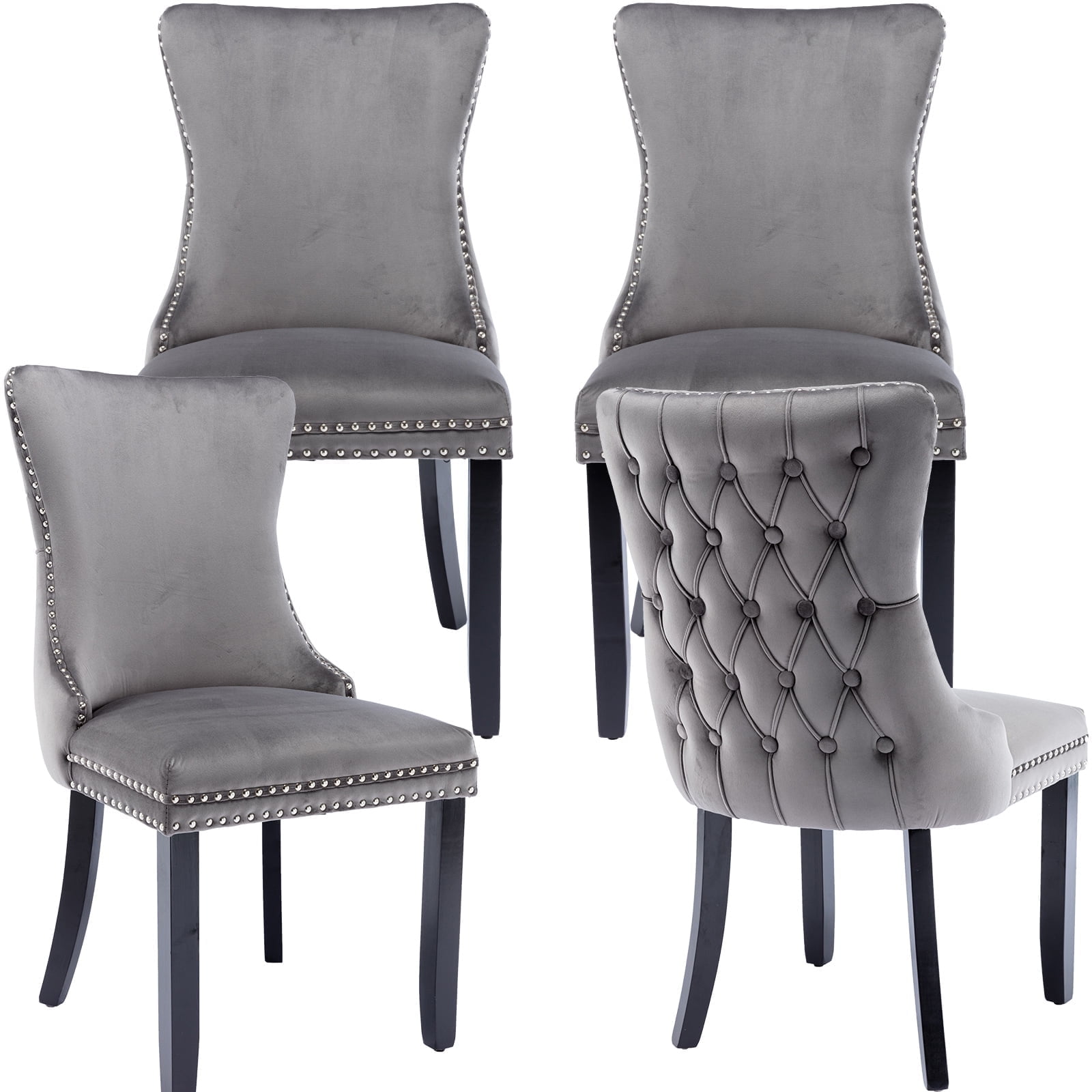 Set of 4 Gray Velvet Upholstered Parsons Dining Chairs with Black Wood Legs