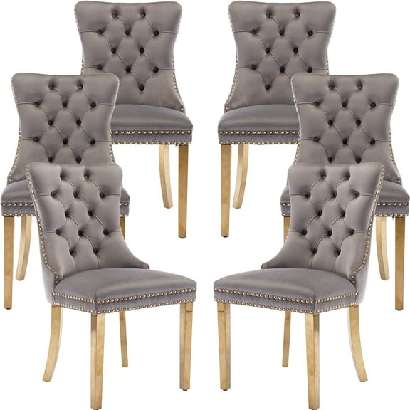ODUSE-DAILY Grey Velvet Dining Chairs Set of 6, Kitchen & Dining Room Chairs, Nailheads Tufted, Sillas De Comedor, Fabric Upholstered, Golden Metal Legs (Gray, 6 Pcs)