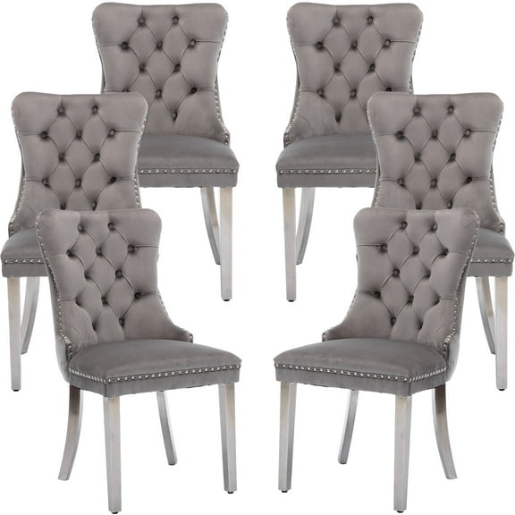 ODUSE-DAILY Grey Velvet Dining Chairs Set of 6, Kitchen & Dining Room Chairs, Nailheads Tufted, Sillas De Comedor, Fabric Upholstered, Silver Chrome Metal Legs (Gray, 6 Pcs)