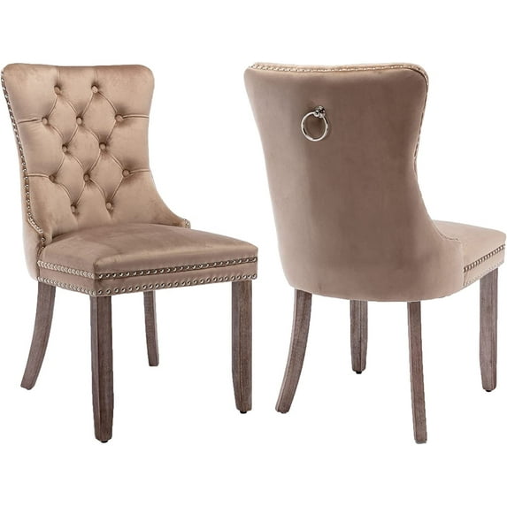 ODUSE-DAILY Khaki Velvet Dining Chairs Set of 2, Kitchen & Dining Room Chairs, Sillas De Comedor, Nailheads Tufted, Fabric Upholstered, Solid Wood (Khaki, 2 Pcs)