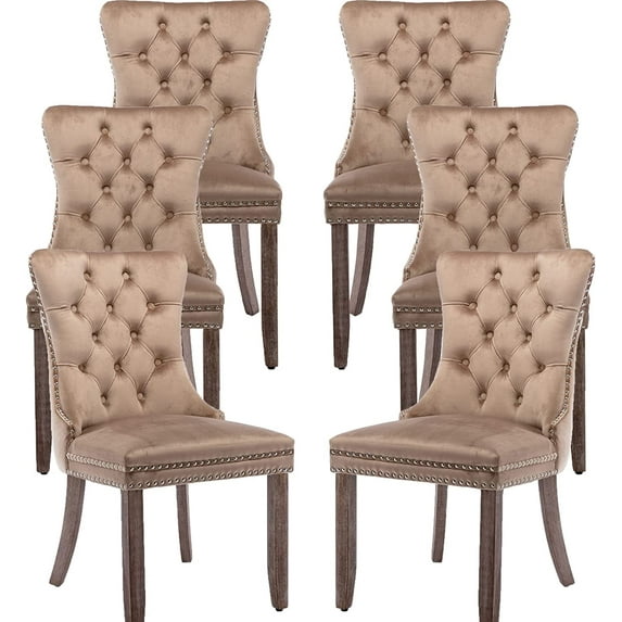 ODUSE-DAILY Khaki Velvet Dining Chairs Set of 6, Kitchen & Dining Room Chairs, Sillas De Comedor, Nailheads Tufted, Fabric Upholstered, Solid Wood (Khaki, 6 Pcs)