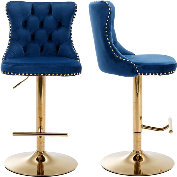 ODUSE-DAILY Navy Velvet Bar Stools Set of 2 - Adjustable Swivel Counter Height Chairs with Tufted Back and Nailhead Trim for Kitchen Island Pub Restaurant (2Pcs, Gold Metal, Blue)