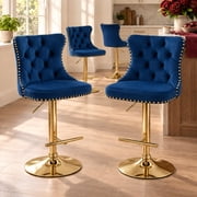 ODUSE-DAILY Navy Velvet Bar Stools Set of 4 - Adjustable Swivel Counter Height Chairs with Tufted Back and Nailhead Trim for Kitchen Island Pub Restaurant 4Pcs, Gold Metal, Blue