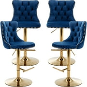 ODUSE-DAILY Navy Velvet Bar Stools Set of 4 - Adjustable Swivel Counter Height Chairs with Tufted Back and Nailhead Trim for Kitchen Island Pub Restaurant 4Pcs, Gold Metal, Blue