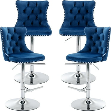 ODUSE-DAILY Navy Velvet Bar Stools Set of 4 - Adjustable Swivel Counter Height Chairs with Tufted Back and Nailhead Trim for Kitchen Island Pub Restaurant (4Pcs, Silver Metal, Blue)