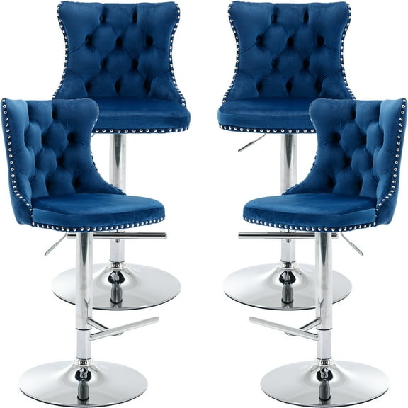 ODUSE-DAILY Navy Velvet Bar Stools Set of 4 - Adjustable Swivel Counter Height Chairs with Tufted Back and Nailhead Trim for Kitchen Island Pub Restaurant (4Pcs, Silver Metal, Blue)