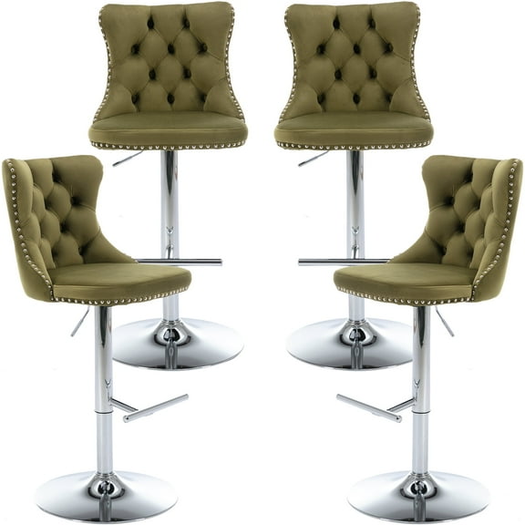 ODUSE-DAILY Olive Velvet Bar Stools Set of 4 - Adjustable Swivel Olive Green Counter Height Chairs with Tufted Back and Nailhead Trim for Kitchen Island (Olive Green, Chrome Metal, 4 Pcs)