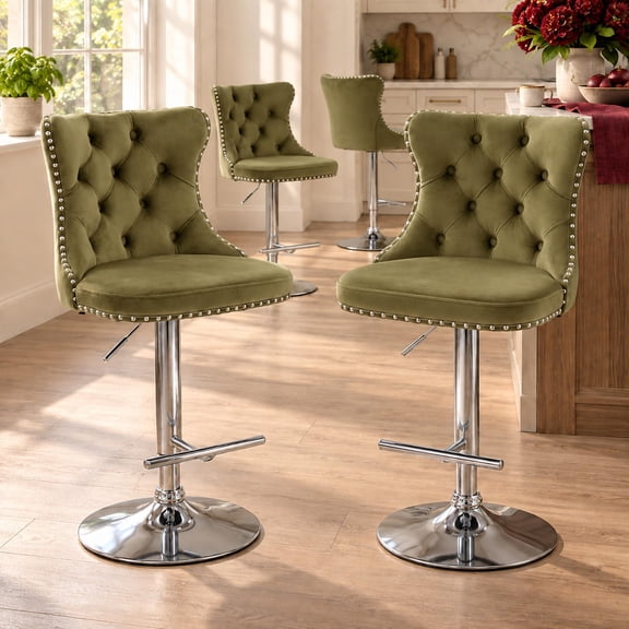 ODUSE-DAILY Olive Velvet Bar Stools Set of 4 - Adjustable Swivel Olive Green Counter Height Chairs with Tufted Back and Nailhead Trim for Kitchen Island (Olive Green, Chrome Metal, 4 Pcs)