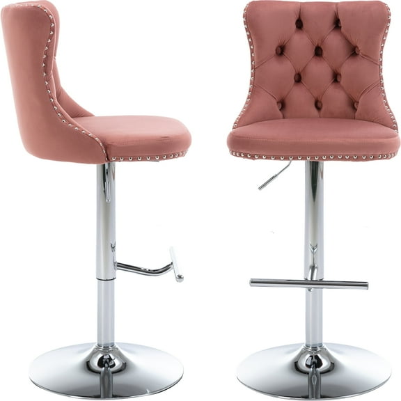 ODUSE-DAILY Pink Velvet Bar Stools Set of 2 - Adjustable Swivel Counter Height Chairs with Tufted Back and Nailhead Trim for Kitchen Island (Pink, Chrome Metal, 2 Pcs)