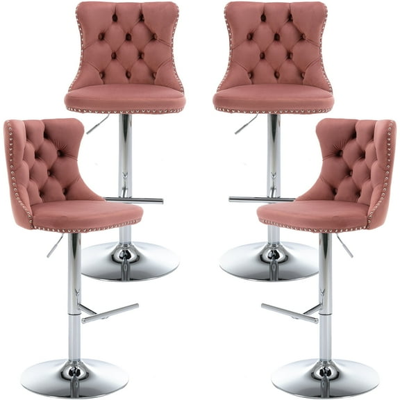 ODUSE-DAILY Pink Velvet Bar Stools Set of 4 - Adjustable Swivel Counter Height Chairs with Tufted Back and Nailhead Trim for Kitchen Island (Pink, Chrome Metal, 4 Pcs)