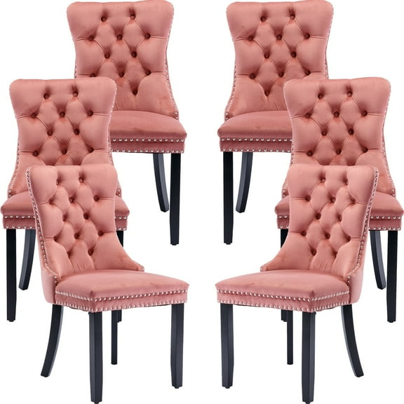 ODUSE-DAILY Pink Velvet Dining Chairs Set of 6, Kitchen & Dining Room Chairs, Sillas De Comedor, Nailheads Tufted, Fabric Upholstered, Solid Wood (Pink, 6 Pcs)