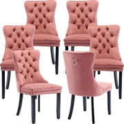 ODUSE-DAILY Pink Velvet Dining Chairs Set of 6, Kitchen & Dining Room Chairs, Sillas De Comedor, Nailheads Tufted, Fabric Upholstered, Solid Wood Pink, 6 Pcs
