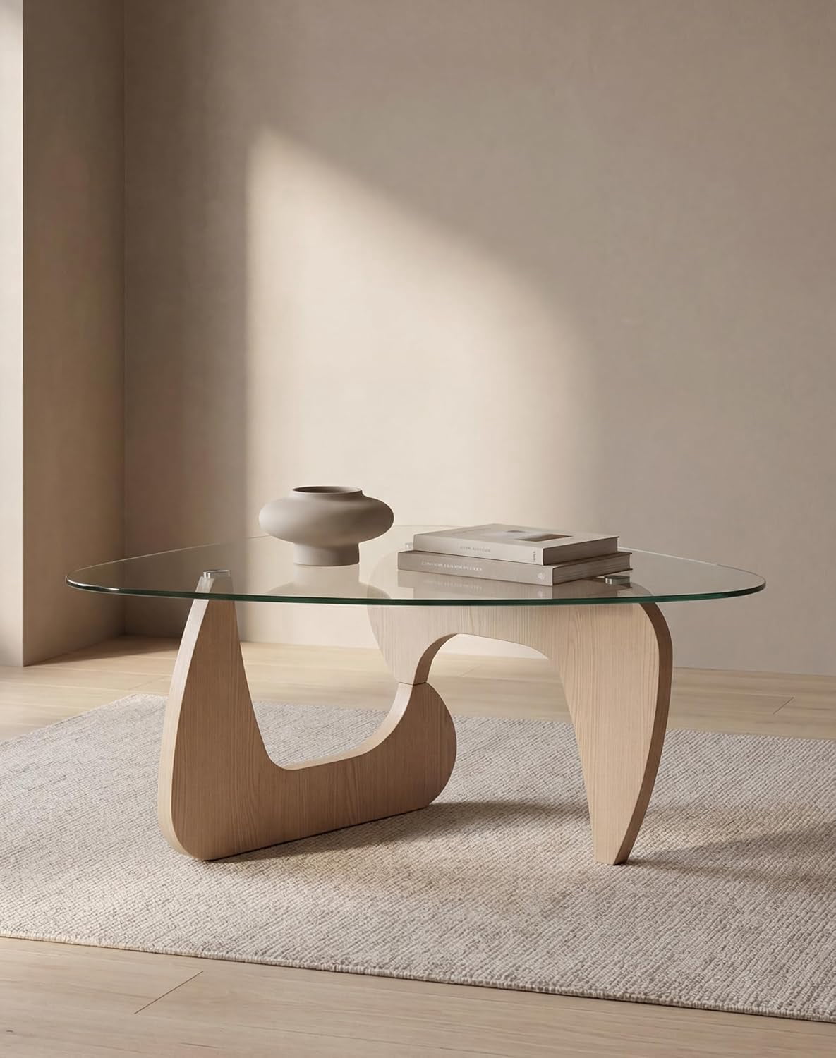 ODUSE-DAILY Triangle Glass Coffee Table, Natural Wood, Clear Glass, 35. ...