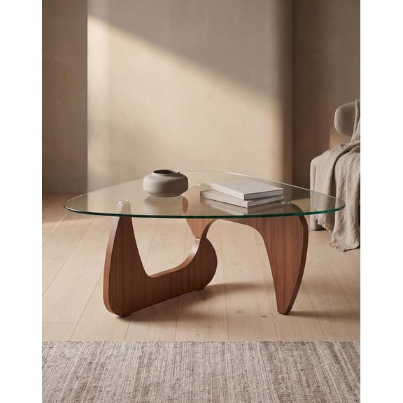 ODUSE-DAILY Triangle Glass Coffee Table, Walnut Brown, Clear Glass, 43.3 in