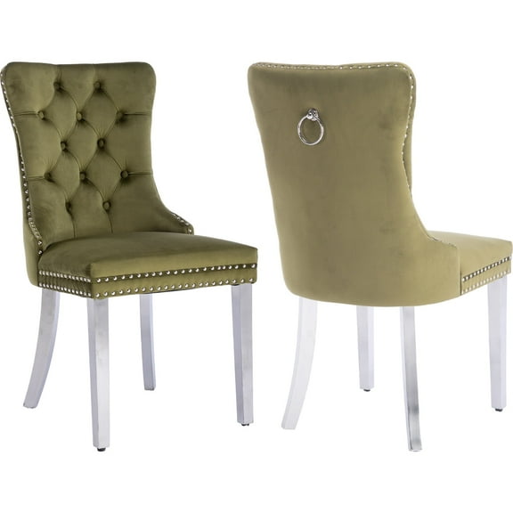 ODUSE-DAILY Velvet Dining Chairs Set of 2, Green Kitchen & Dining Room Chairs, Nailheads Tufted, Sillas De Comedor, Fabric Upholstered, Silver Chrome Metal Legs (Olive, 2 Pcs)