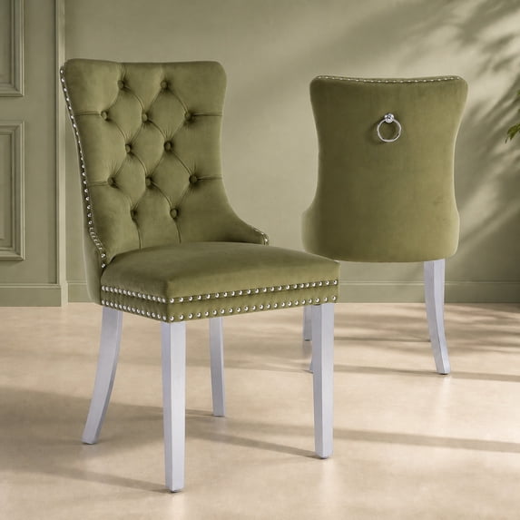 ODUSE-DAILY Velvet Dining Chairs Set of 2, Green Kitchen & Dining Room Chairs, Nailheads Tufted, Sillas De Comedor, Fabric Upholstered, Silver Chrome Metal Legs (Olive, 2 Pcs)