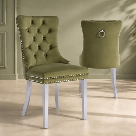 ODUSE-DAILY Velvet Dining Chairs Set of 2, Green Kitchen & Dining Room Chairs, Nailheads Tufted, Sillas De Comedor, Fabric Upholstered, Silver Chrome Metal Legs (Olive, 2 Pcs)
