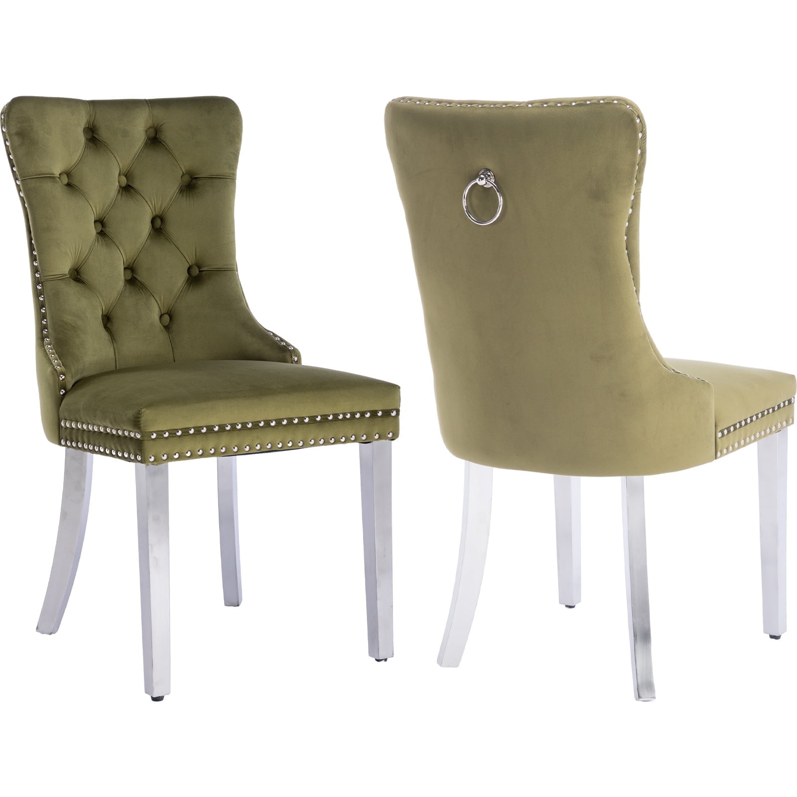 ODUSE-DAILY French Country Dining Chairs Set Of 4 - Olive Green Faux Leather Tufted Upholstered Chairs | Solid Wood Legs | Kitchen & Dining Room Seating - View #6