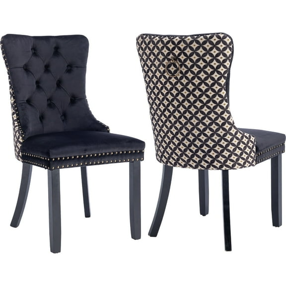 ODUSE-DAILY Velvet Dining Chairs Set of 2, Kitchen & Dining Room Chairs, Nailheads Tufted Chair, Sillas De Comedor, Two-Tone Fabric Upholstered, Wood Legs (Black & Patterned, 2 Pcs)