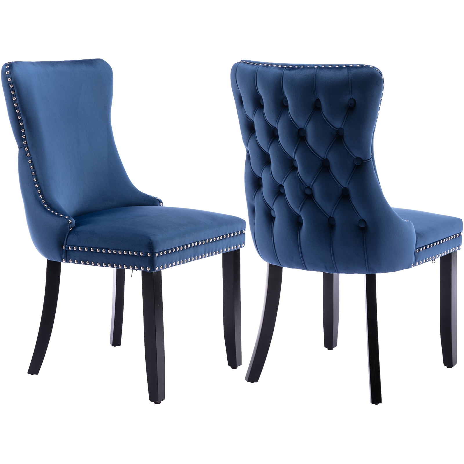 Blue Velvet Upholstered Dining Chairs with Wood Legs, Set of 2