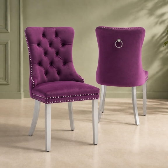 ODUSE-DAILY Velvet Dining Chairs Set of 2, Violet Kitchen & Dining Room Chairs, Nailheads Tufted Chair, Sillas De Comedor, Fabric Upholstered, Silver Chrome Metal Legs (Purple, 2 Pcs)