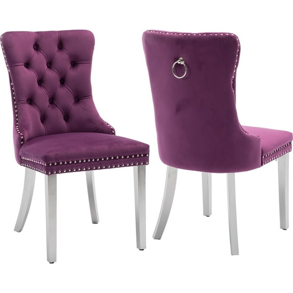 ODUSE-DAILY Velvet Dining Chairs Set of 2, Violet Kitchen & Dining Room Chairs, Nailheads Tufted Chair, Sillas De Comedor, Fabric Upholstered, Silver Chrome Metal Legs (Purple, 2 Pcs)