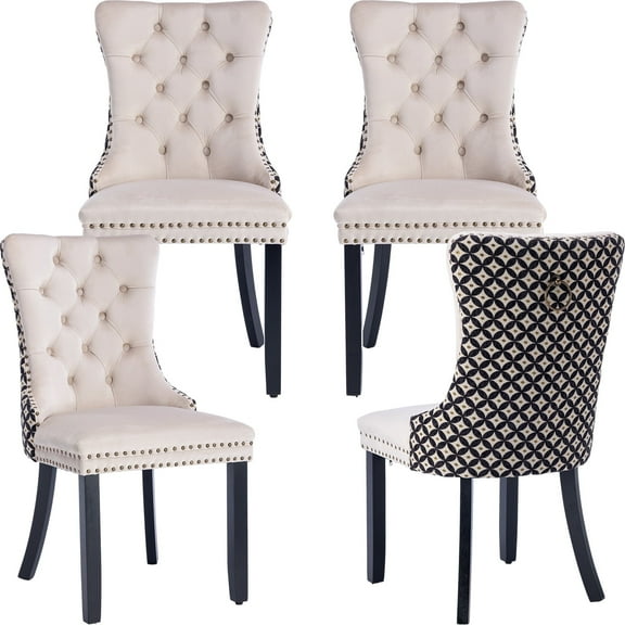 ODUSE-DAILY Velvet Dining Chairs Set of 4, Kitchen & Dining Room Chairs, Nailheads Tufted Chair, Sillas De Comedor, Two-Tone Fabric Upholstered, Wood Legs (Beige & Patterned, 4 Pcs)