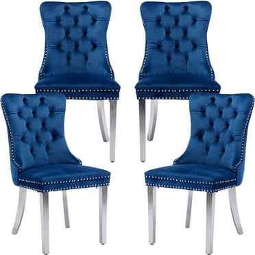 ODUSE-DAILY Velvet Dining Chairs Set of 4, Navy Kitchen & Dining Room Chairs, Nailheads Tufted, Sillas De Comedor, Fabric Upholstered, Silver Chrome Metal Legs (Blue, 4 Pcs)