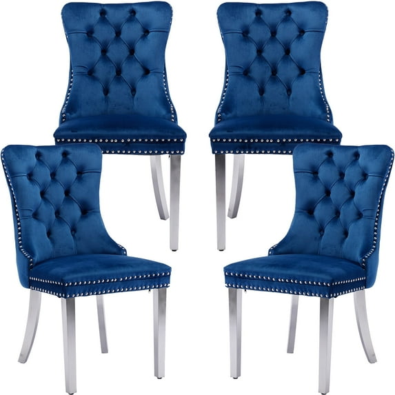 ODUSE-DAILY Velvet Dining Chairs Set of 4, Navy Kitchen & Dining Room Chairs, Nailheads Tufted, Sillas De Comedor, Fabric Upholstered, Silver Chrome Metal Legs (Blue, 4 Pcs)