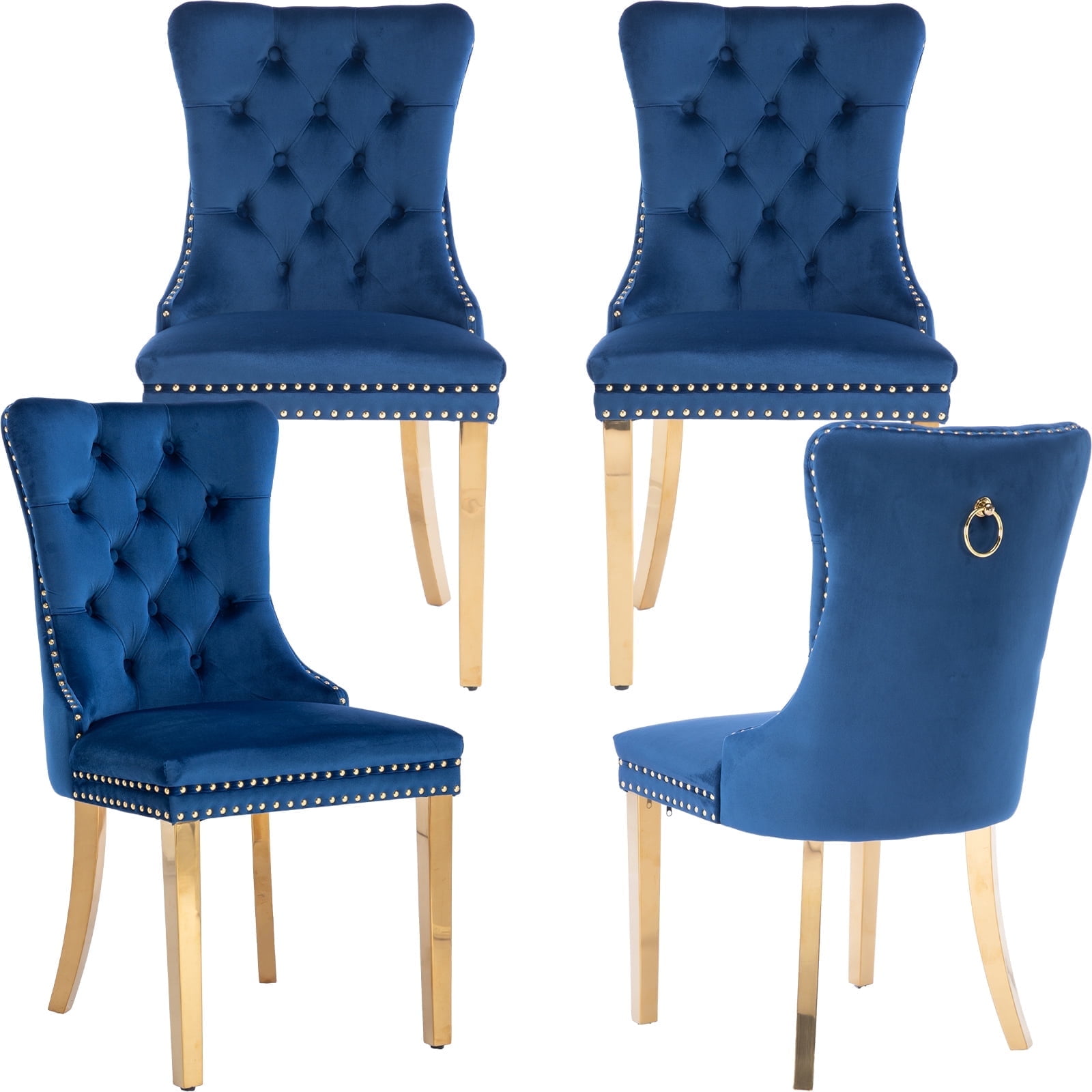 Set of 4 Blue Velvet Tufted Dining Chairs with Nailhead Trim