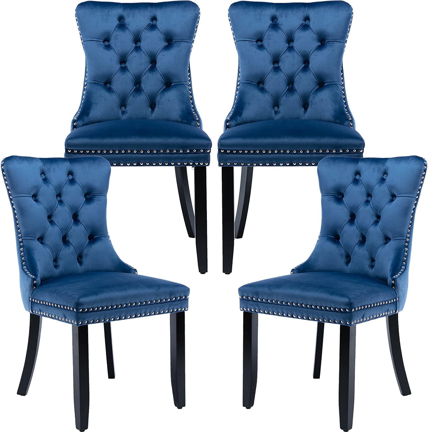Set of 4 Blue Velvet Tufted Dining Chairs with Nailhead Trim