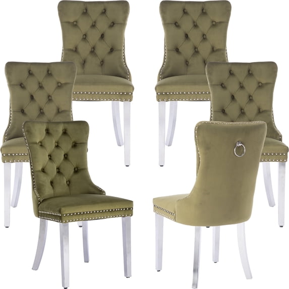 ODUSE-DAILY Velvet Dining Chairs Set of 6, Green Kitchen & Dining Room Chairs, Nailheads Tufted, Sillas De Comedor, Fabric Upholstered, Silver Chrome Metal Legs (Olive, 6 Pcs)