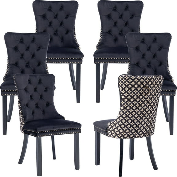 ODUSE-DAILY Velvet Dining Chairs Set of 6, Kitchen & Dining Room Chairs, Nailheads Tufted Chair, Sillas De Comedor, Two-Tone Fabric Upholstered, Wood Legs (Black & Patterned, 6 Pcs)