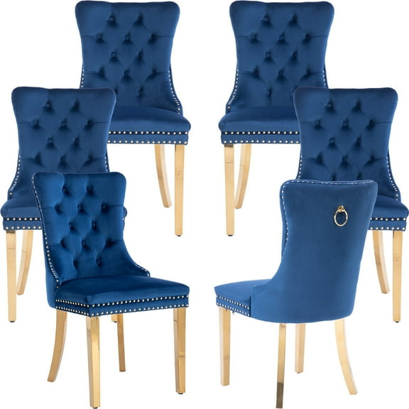 ODUSE-DAILY Velvet Dining Chairs Set of 6, Navy Kitchen & Dining Room Chairs, Nailheads Tufted Chair, Sillas De Comedor, Fabric Upholstered, Golden Metal Legs (Blue, 6 Pcs)