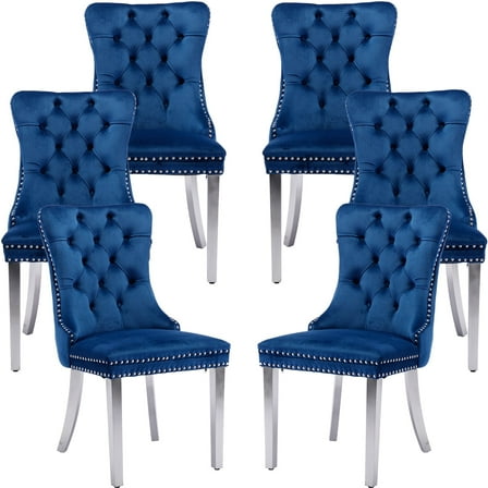ODUSE-DAILY Velvet Dining Chairs Set of 6, Navy Kitchen & Dining Room Chairs, Nailheads Tufted, Sillas De Comedor, Fabric Upholstered, Silver Chrome Metal Legs (Blue, 6 Pcs)