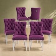 ODUSE-DAILY Velvet Dining Chairs Set of 6, Violet Kitchen & Dining Room Chairs, Nailheads Tufted Chair, Sillas De Comedor, Fabric Upholstered, Silver Chrome Metal Legs Purple, 6 Pcs
