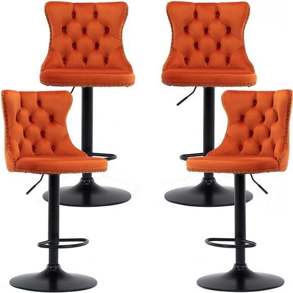 ODUSE-DAILY Velvet Swivel Bar Stools Set of 4 with Upholstered Back, 25-33 Inch Height Adjustable, Bar Chairs for Counter Height Bar Height Kitchen Island Pub (4Pcs, Black Base, Orange)