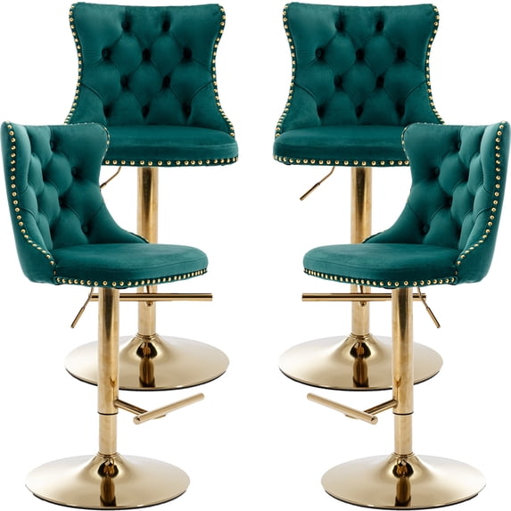 ODUSE-DAILY Velvet Swivel Bar Stools Set of 4 with Upholstered Back, 25-33 Inch Height Adjustable, Bar Chairs for Counter Height Bar Height Kitchen Island Pub (4Pcs, Golden Base, Green)