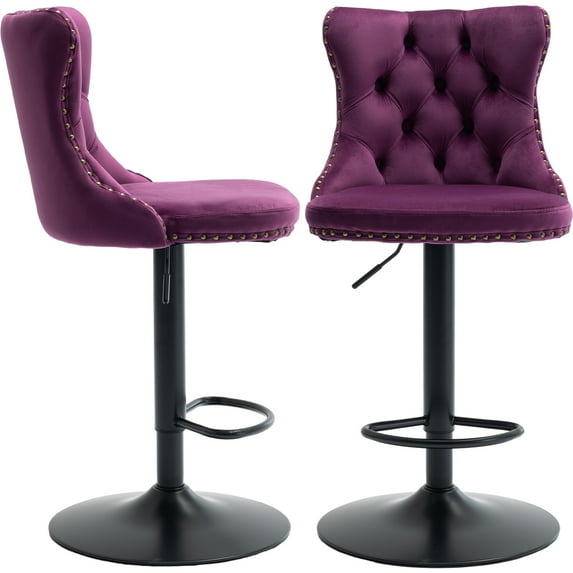 ODUSE-DAILY Violet Velvet Bar Stools Set of 2 - Adjustable Swivel Purple Counter Height Chairs with Tufted Back and Nailhead Trim for Kitchen Island (Purple, Matte Metal, 2 Pcs)