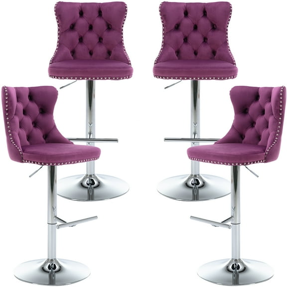ODUSE-DAILY Violet Velvet Bar Stools Set of 4 - Adjustable Swivel Purple Counter Height Chairs with Tufted Back and Nailhead Trim for Kitchen Island (Purple, Chrome Metal, 4 Pcs)