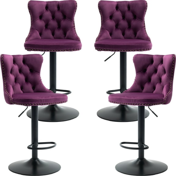 ODUSE-DAILY Violet Velvet Bar Stools Set of 4 - Adjustable Swivel Purple Counter Height Chairs with Tufted Back and Nailhead Trim for Kitchen Island (Purple, Matte Metal, 4 Pcs)