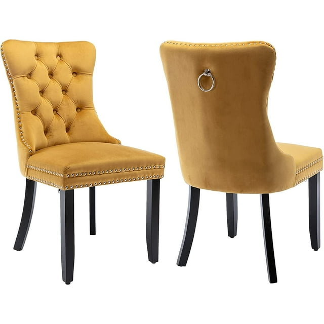 ODUSE-DAILY Set of 2 High Back Velvet Dining Chairs, Yellow, Upholstered, Solid Wood (Gold ...