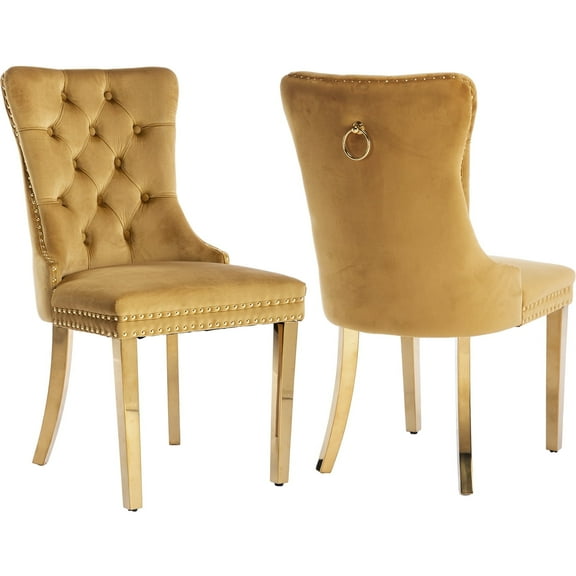 ODUSE-DAILY Yellow Velvet Dining Chairs Set of 2, Mustard Kitchen & Dining Room Chairs, Nailheads Tufted, Sillas De Comedor, Fabric Upholstered, Golden Metal Legs (Gold, 2 Pcs)