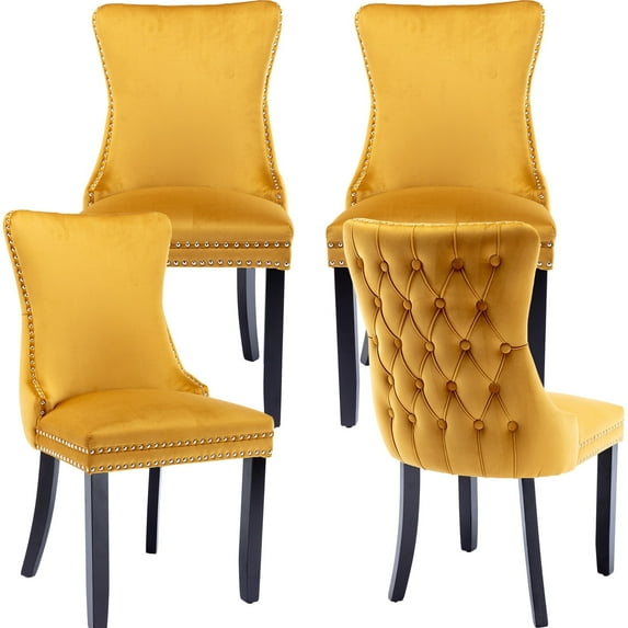 ODUSE-DAILY Yellow Velvet Dining Chairs Set of 4, Kitchen & Dining Room Chairs, Sillas De Comedor, Back Tufted, Fabric Upholstered, Solid Wood Frame (Gold, 4 Pcs)