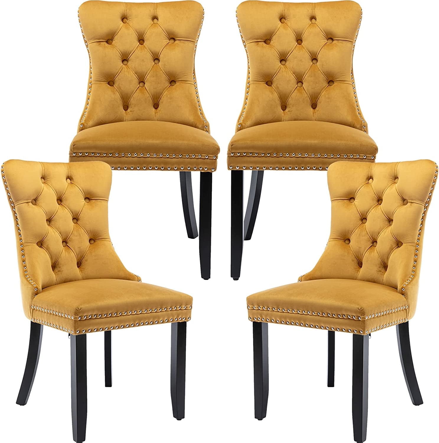 Gold Velvet Upholstered Side Chair with Black Wood Legs, Set of 4