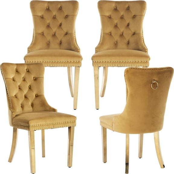 ODUSE-DAILY Yellow Velvet Dining Chairs Set of 4, Mustard Kitchen & Dining Room Chairs, Nailheads Tufted, Sillas De Comedor, Fabric Upholstered, Golden Metal Legs (Gold, 4 Pcs)