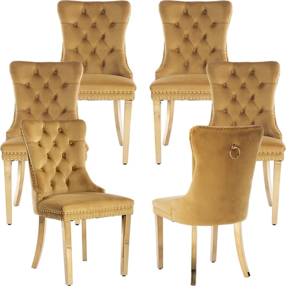 ODUSE-DAILY Yellow Velvet Dining Chairs Set of 6, Mustard Kitchen & Dining Room Chairs, Nailheads Tufted, Sillas De Comedor, Fabric Upholstered, Golden Metal Legs (Gold, 6 Pcs)