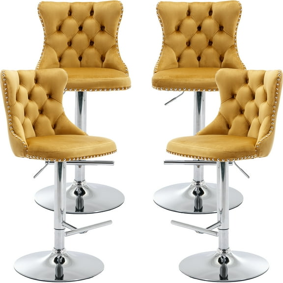 ODUSE-DAILY Yellow Velvet Swivel Bar Stools Set of 4 with Upholstered Back, 25-33 Inch Height Adjustable, Bar Chairs for Counter Height Bar Height Kitchen Island Pub (4Pcs, Silver Base, Gold)