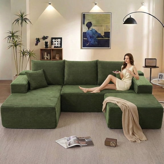 ODUWA 107" L-Shaped Modular Sectional Sofa with Ottoman,No Assembly Required,Deep Seat Corduroy Cloud Couch for Living Room & Bedroom,Green